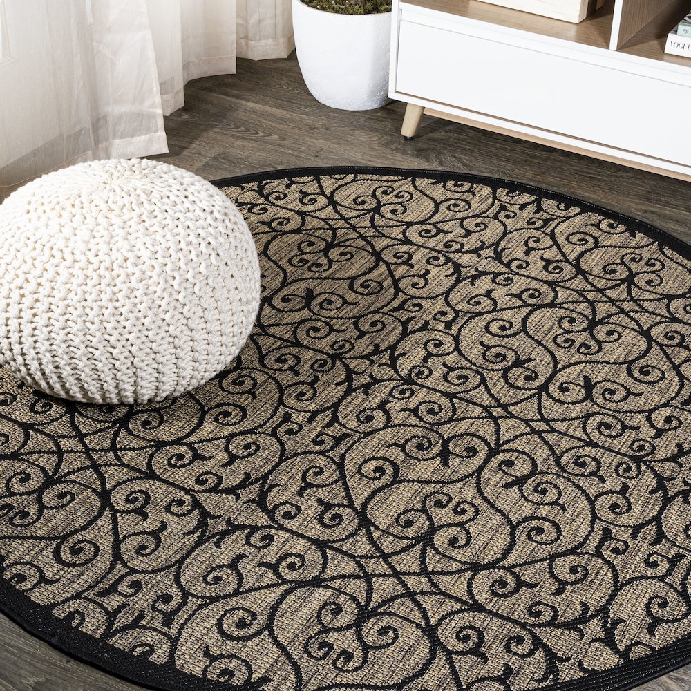 Madrid Vintage Filigree Textured Weave Indoor/Outdoor Round Rug. Picture 2