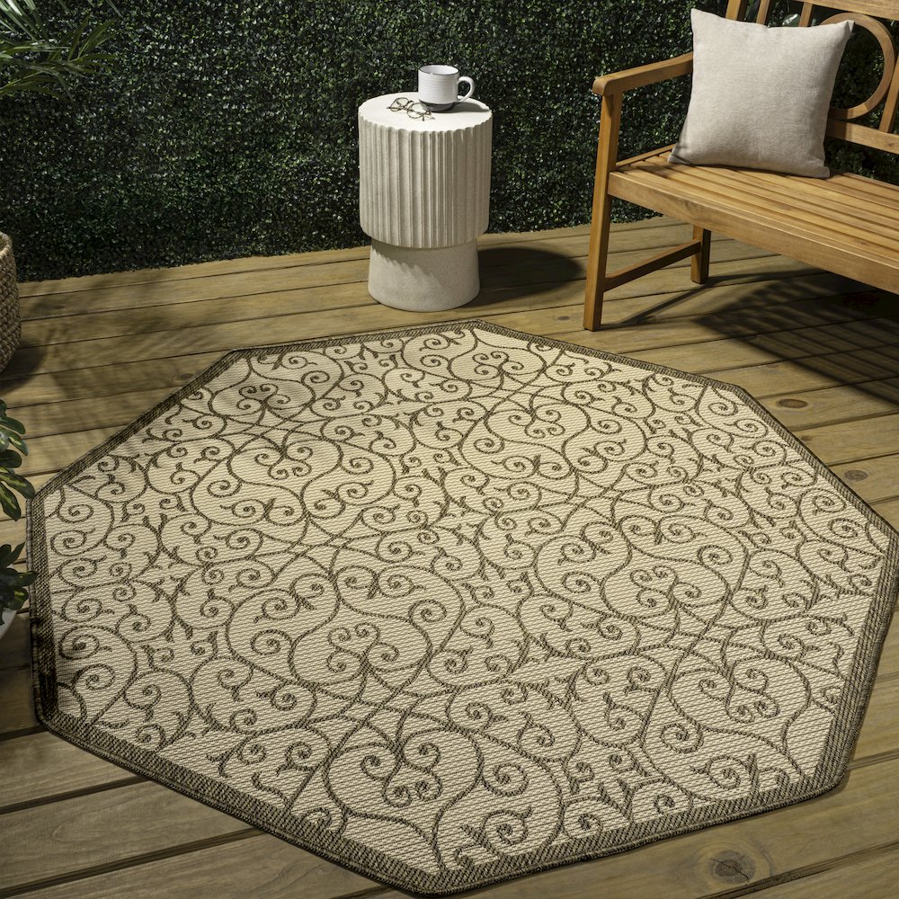 Madrid Vintage Filigree Textured Weave Black/Khaki Indoor/Outdoor Area Rug. Picture 3