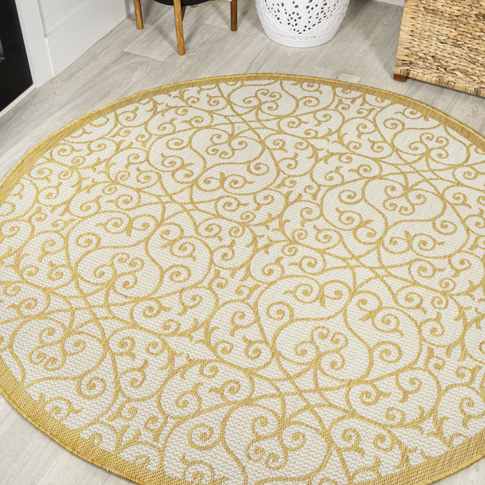 Madrid Vintage Filigree Textured Weave Indoor/Outdoor Round Rug. Picture 2