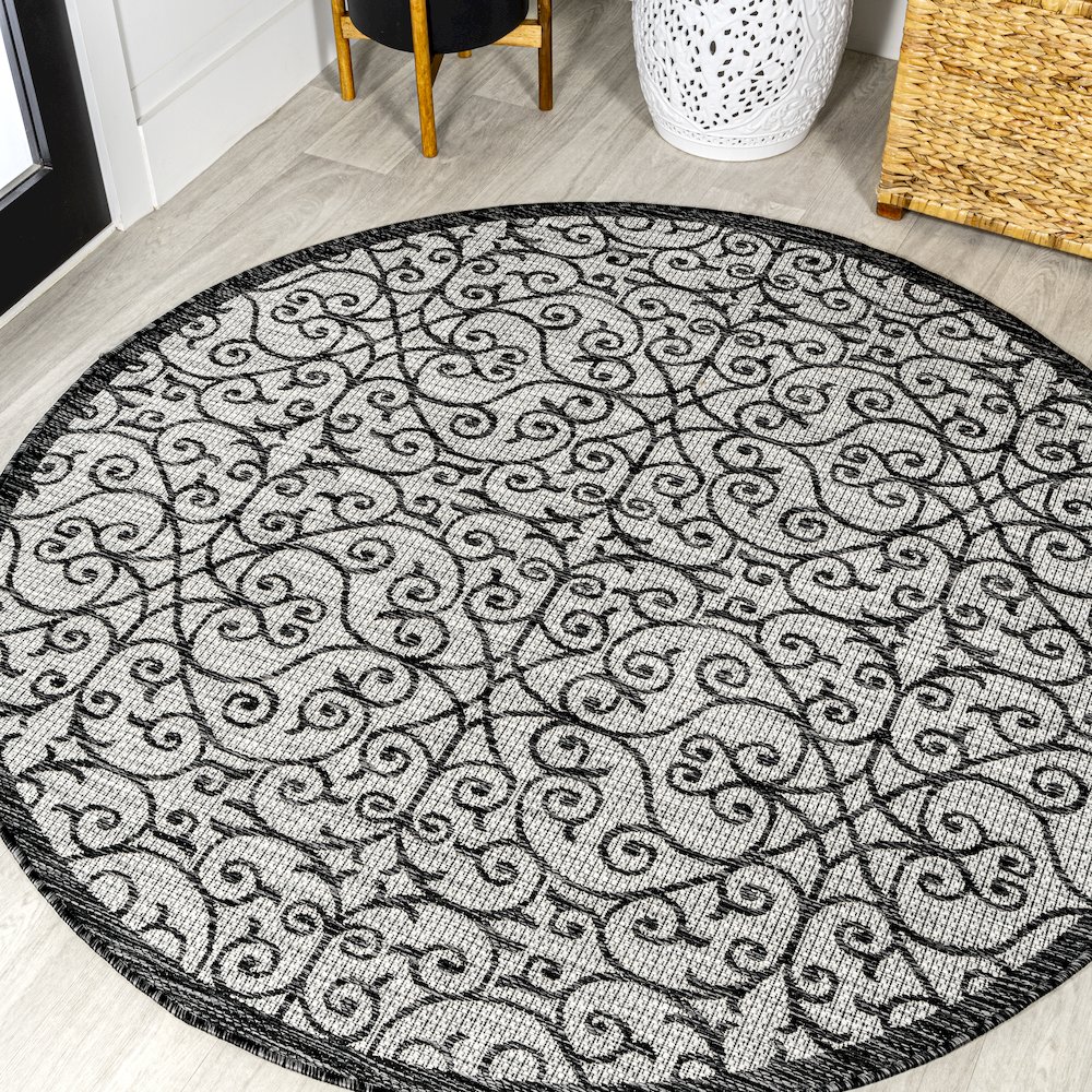 Madrid Vintage Filigree Textured Weave Indoor/Outdoor Round Rug. Picture 2