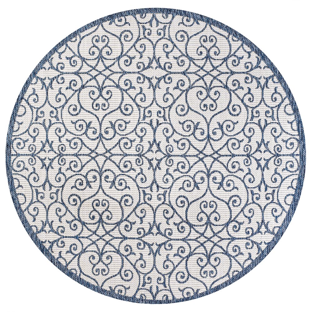 Madrid Vintage Filigree Textured Weave Indoor/Outdoor Round Rug. Picture 1
