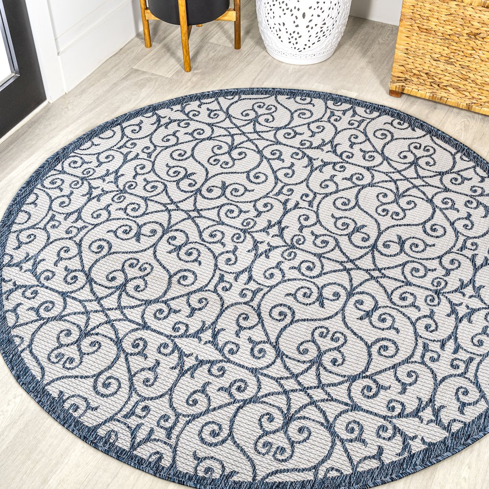 Madrid Vintage Filigree Textured Weave Indoor/Outdoor Round Rug. Picture 2