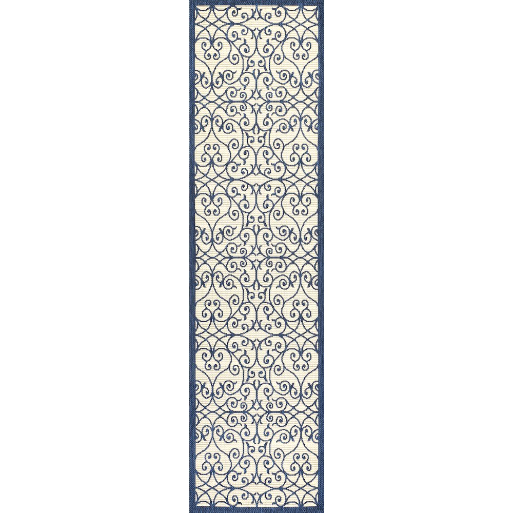 Madrid Vintage Filigree Textured Weave Indoor/Outdoor Runner Rug. Picture 1