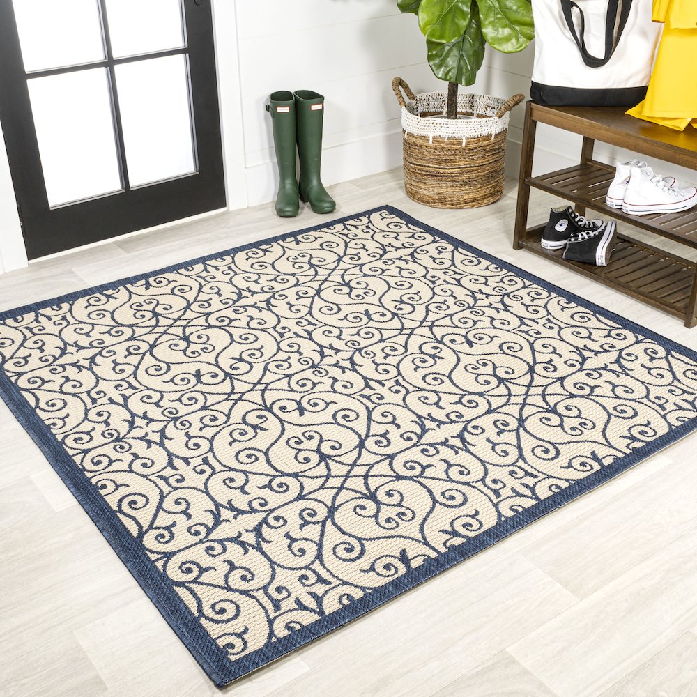 Madrid Vintage Filigree Textured Weave Indoor/Outdoor Square Rug. Picture 2