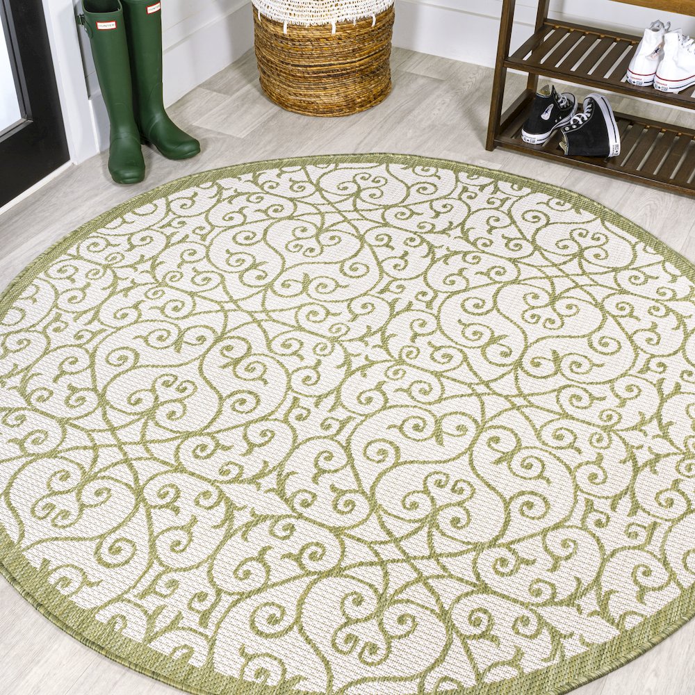 Madrid Vintage Filigree Textured Weave Indoor/Outdoor Round Rug. Picture 2