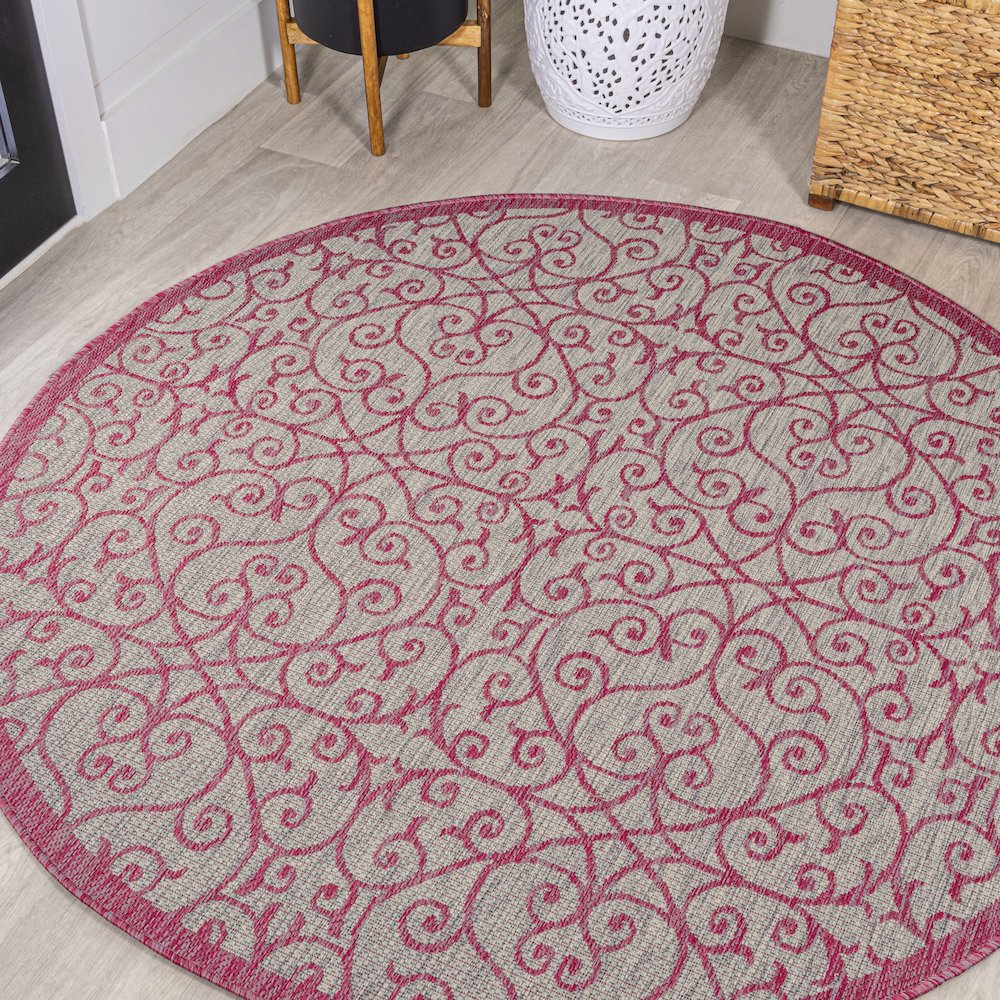 Madrid Vintage Filigree Textured Weave Indoor/Outdoor Round Rug. Picture 2