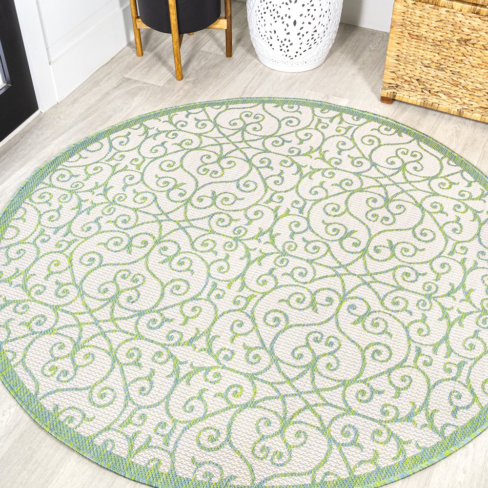 Madrid Vintage Filigree Textured Weave Indoor/Outdoor Round Rug. Picture 2