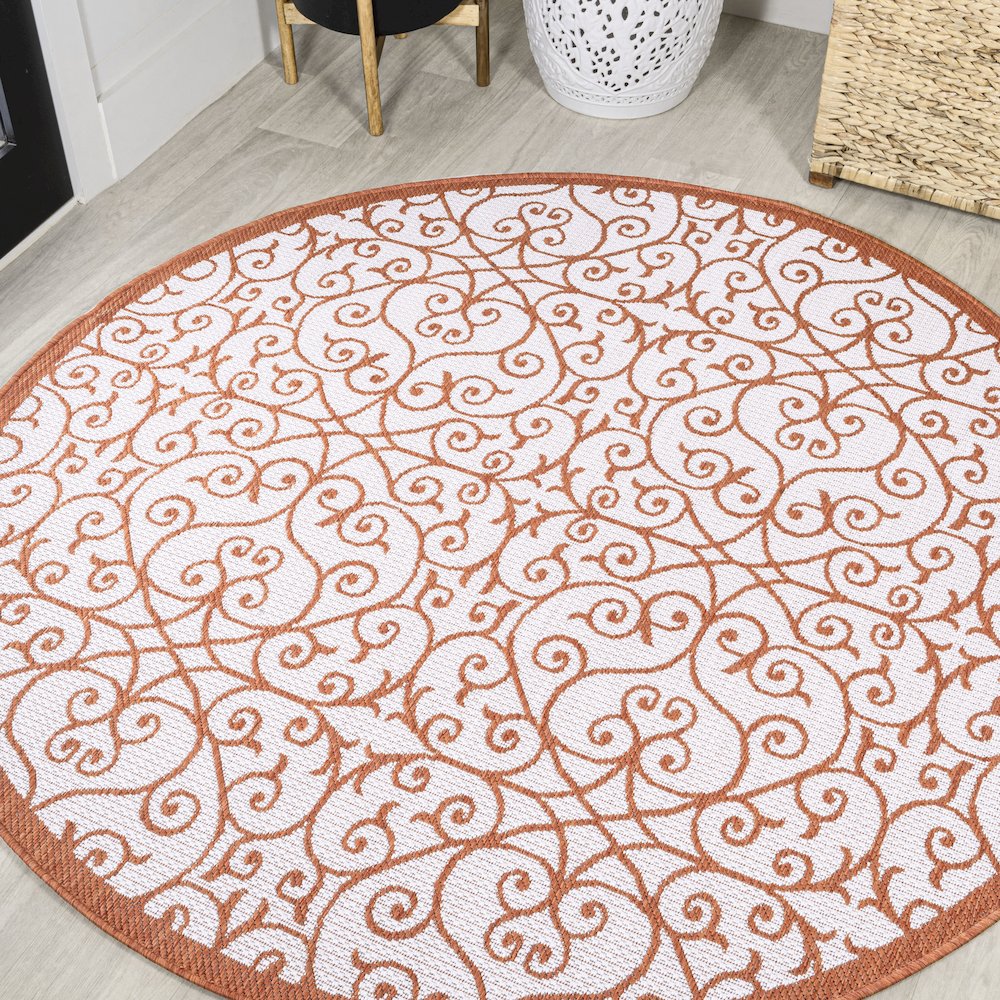 Madrid Vintage Filigree Textured Weave Indoor/Outdoor Round Rug. Picture 2