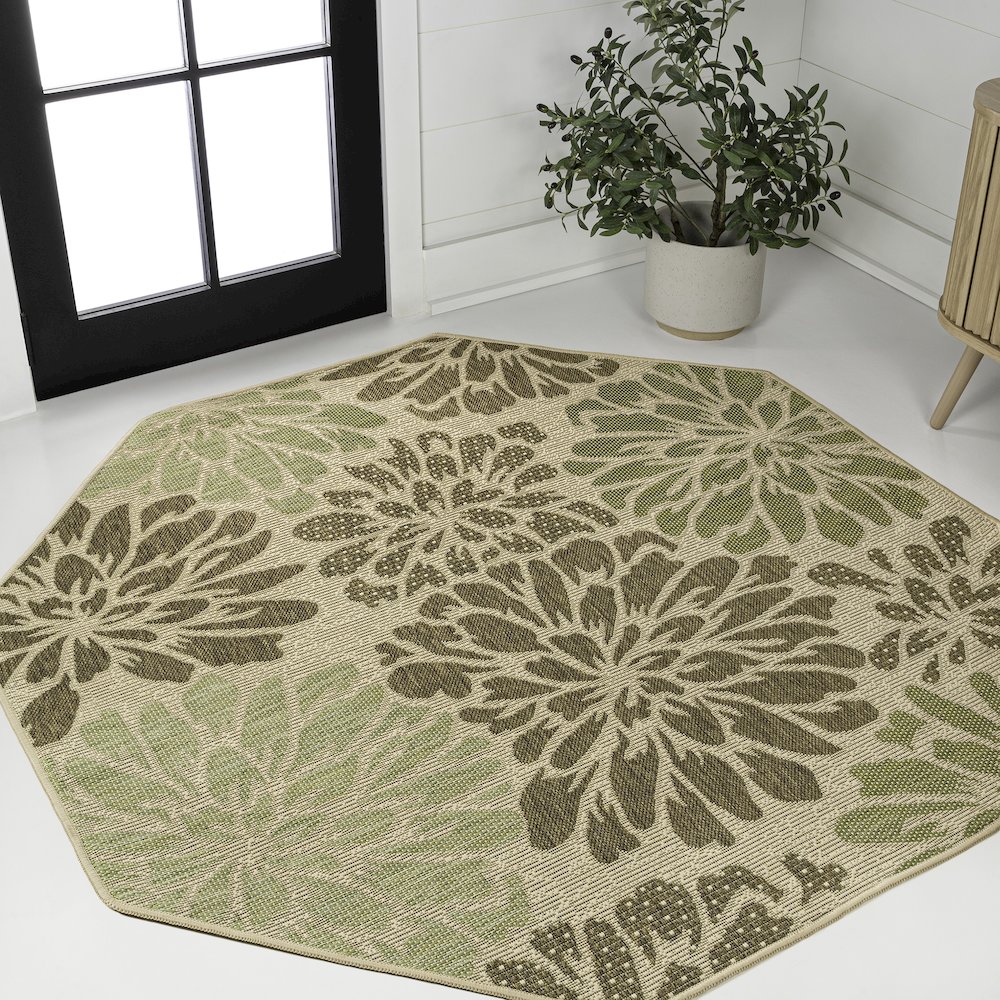 Zinnia Modern Floral Textured Weave Sage/Brown Octagon Indoor/Outdoor Area Rug. Picture 2
