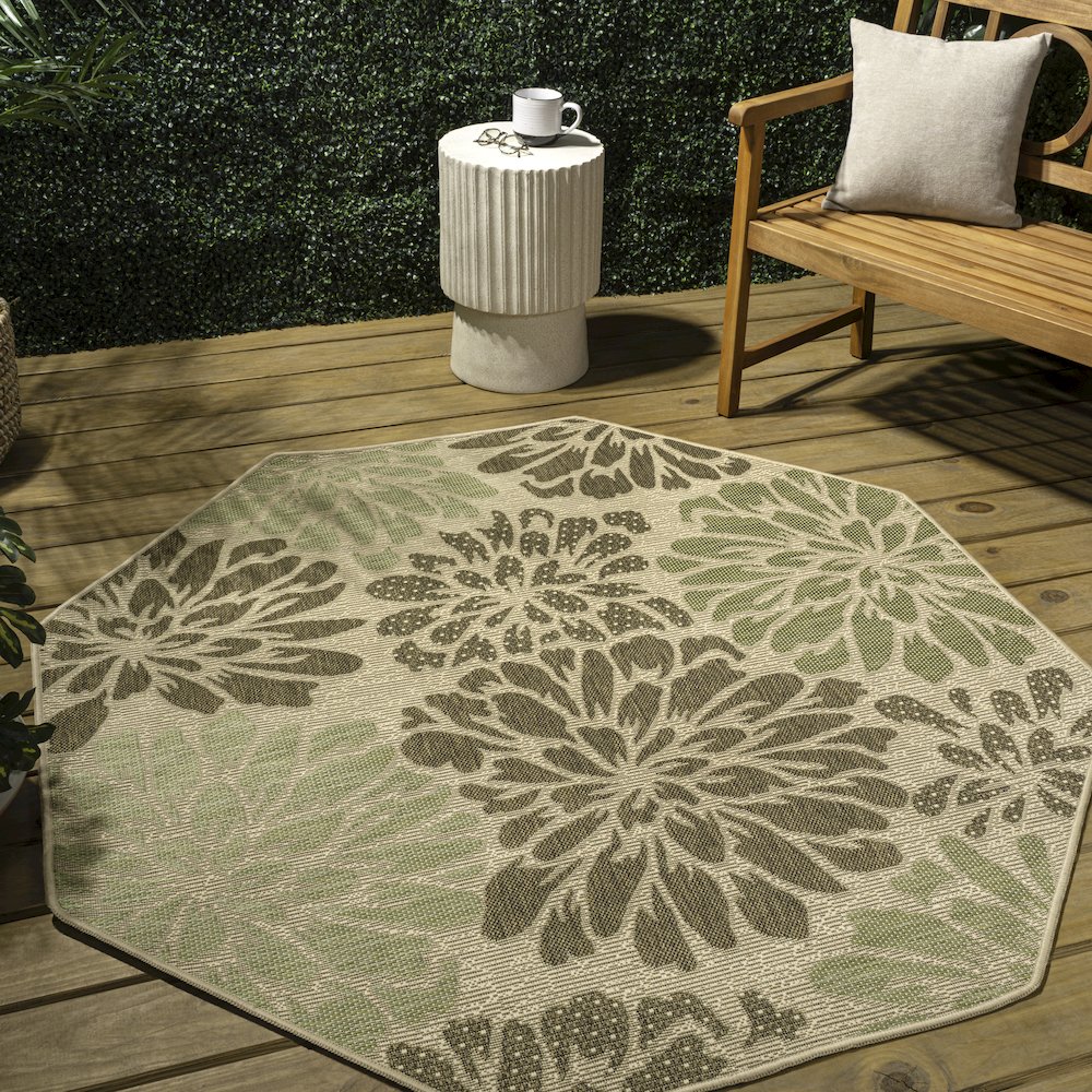Zinnia Modern Floral Textured Weave Sage/Brown Octagon Indoor/Outdoor Area Rug. Picture 3