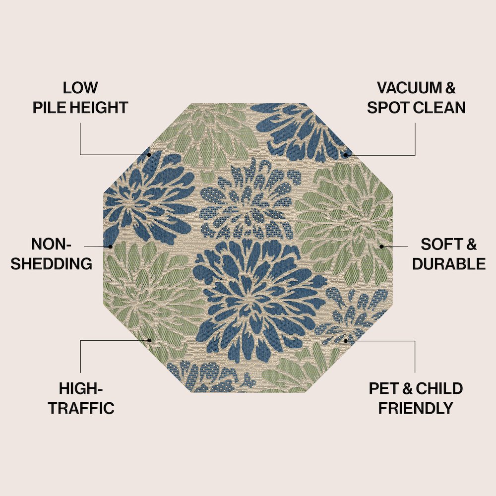 Zinnia Modern Floral Textured Weave Sage/Brown Octagon Indoor/Outdoor Area Rug. Picture 4