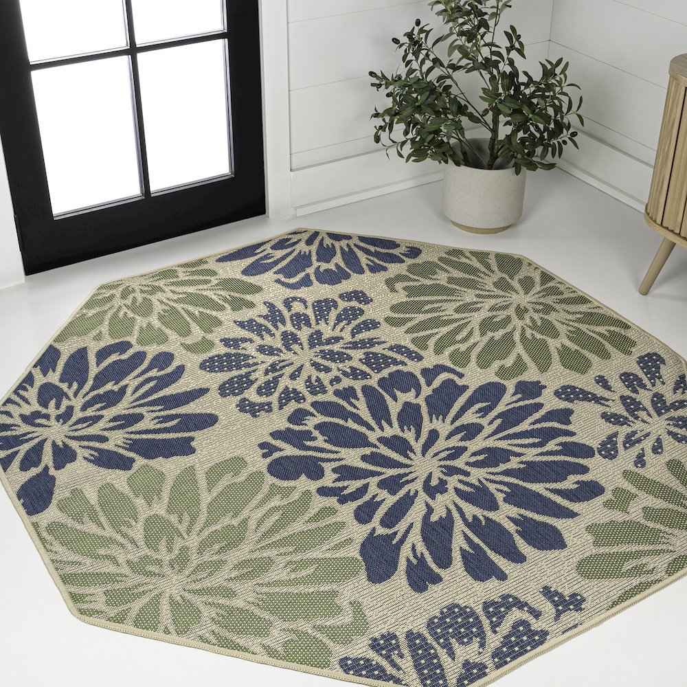 Zinnia Modern Floral Textured Weave Sage/Brown Octagon Indoor/Outdoor Area Rug. Picture 2