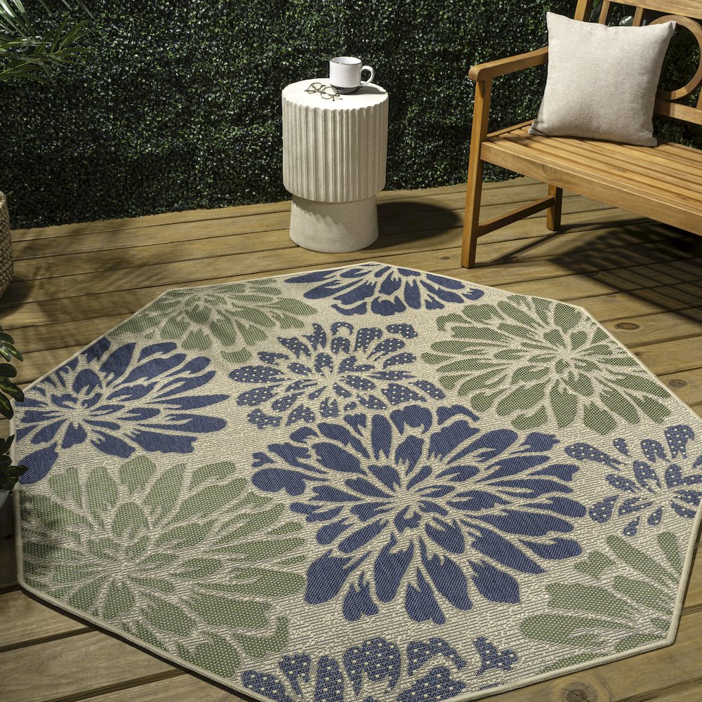 Zinnia Modern Floral Textured Weave Sage/Brown Octagon Indoor/Outdoor Area Rug. Picture 3