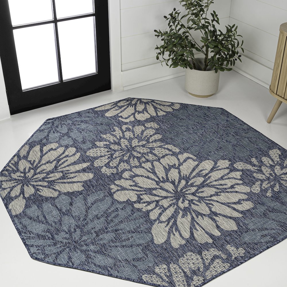 Zinnia Modern Floral Textured Weave Navy/Aqua 5' Octagon Indoor/Outdoor Area Rug. Picture 2