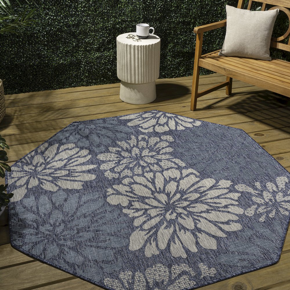 Zinnia Modern Floral Textured Weave Navy/Aqua 5' Octagon Indoor/Outdoor Area Rug. Picture 3