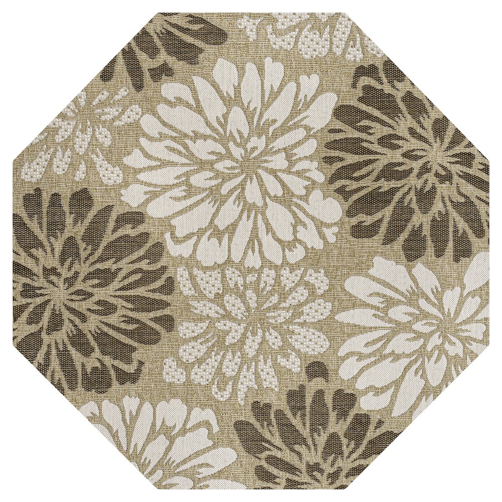 Zinnia Modern Floral Textured Weave Sage/Brown Octagon Indoor/Outdoor Area Rug. Picture 1