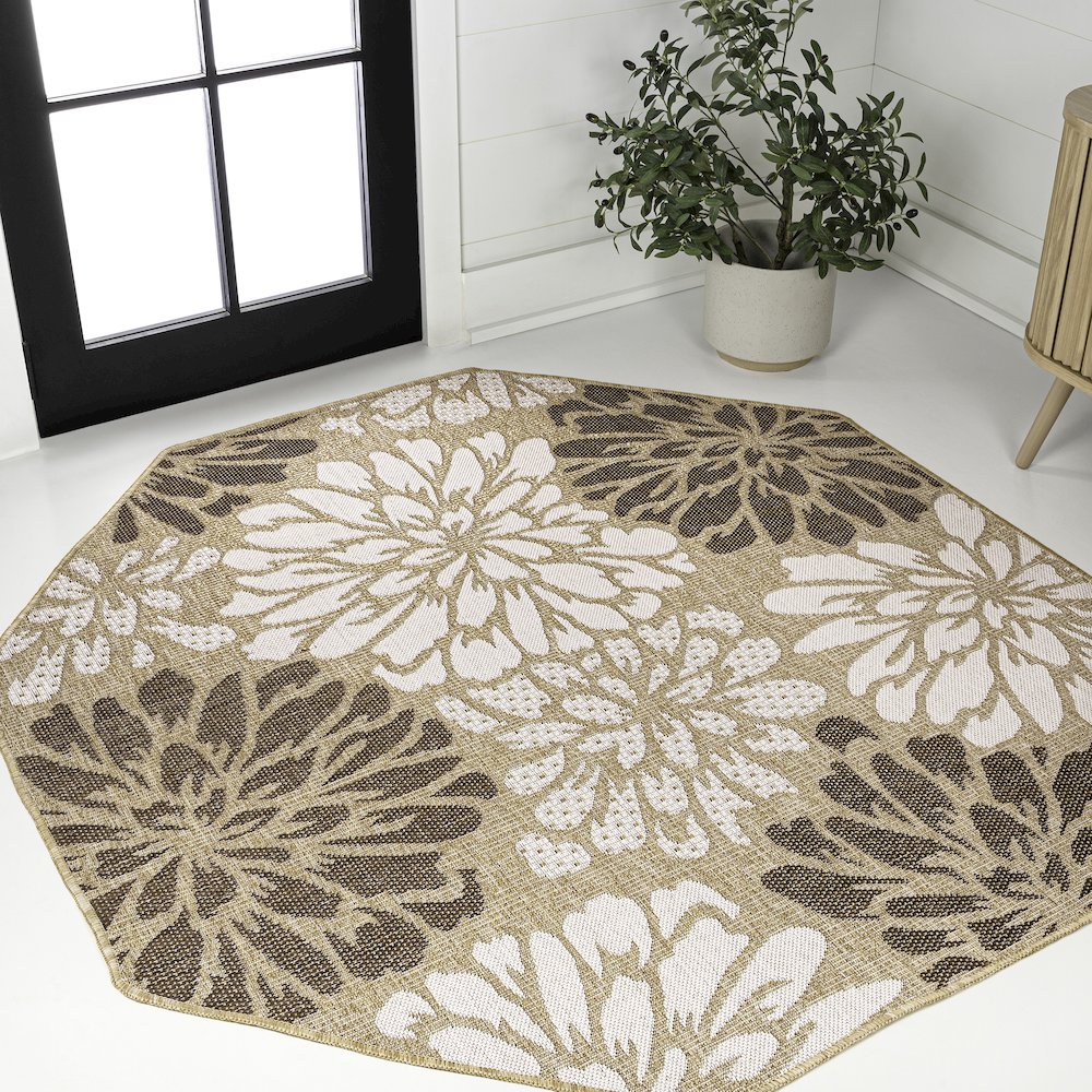 Zinnia Modern Floral Textured Weave Sage/Brown Octagon Indoor/Outdoor Area Rug. Picture 2