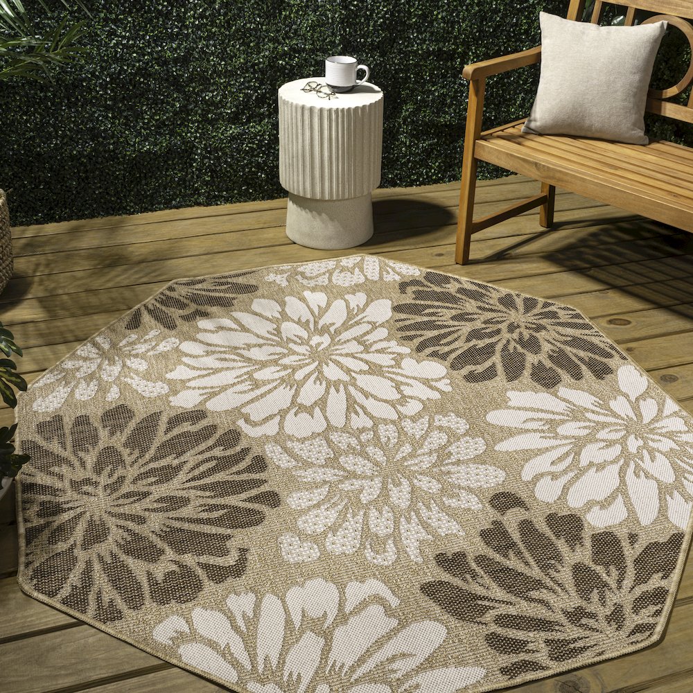 Zinnia Modern Floral Textured Weave Sage/Brown Octagon Indoor/Outdoor Area Rug. Picture 3