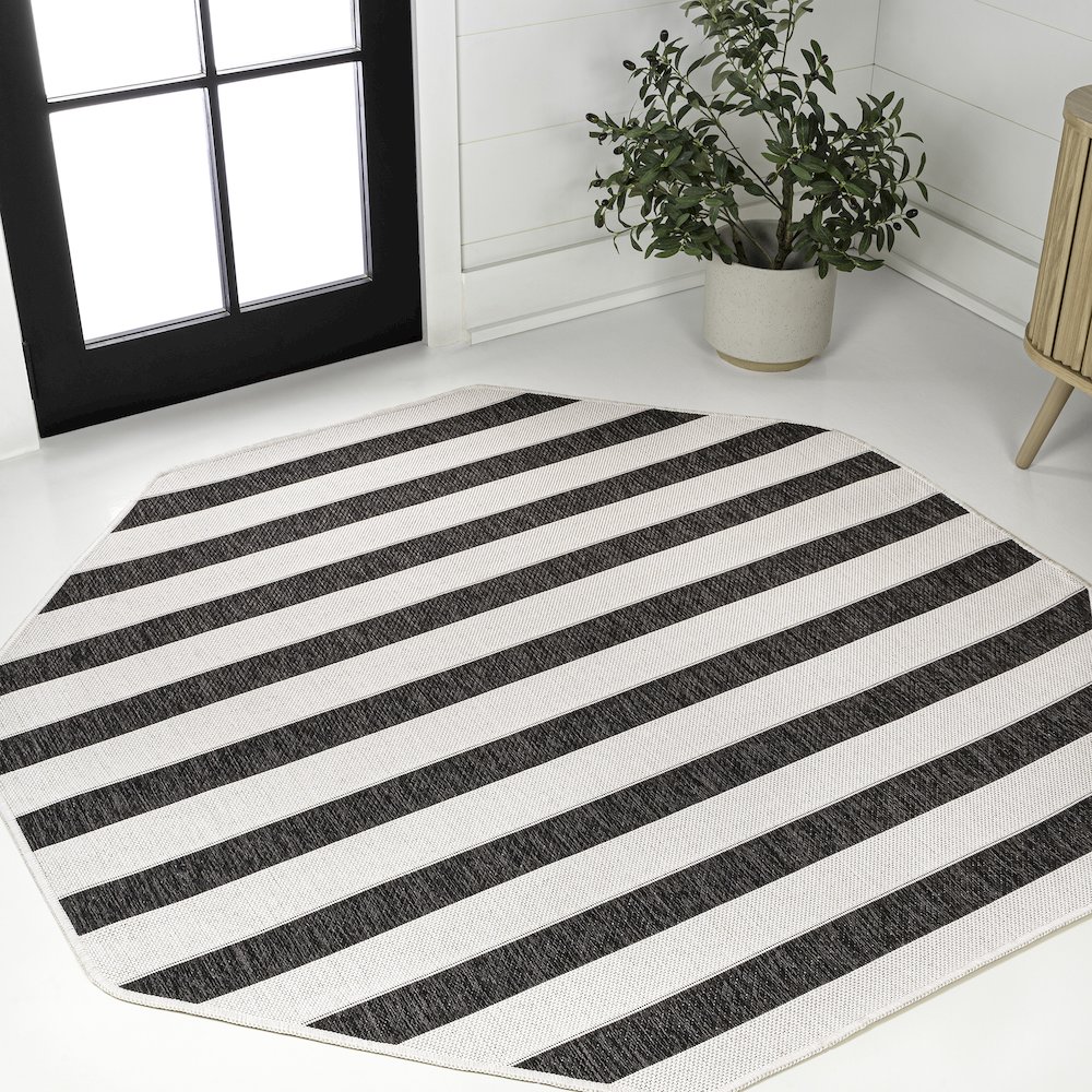 Aveiro Wide Stripe Black/Cream 5' Octagon Indoor/Outdoor Area Rug. Picture 2