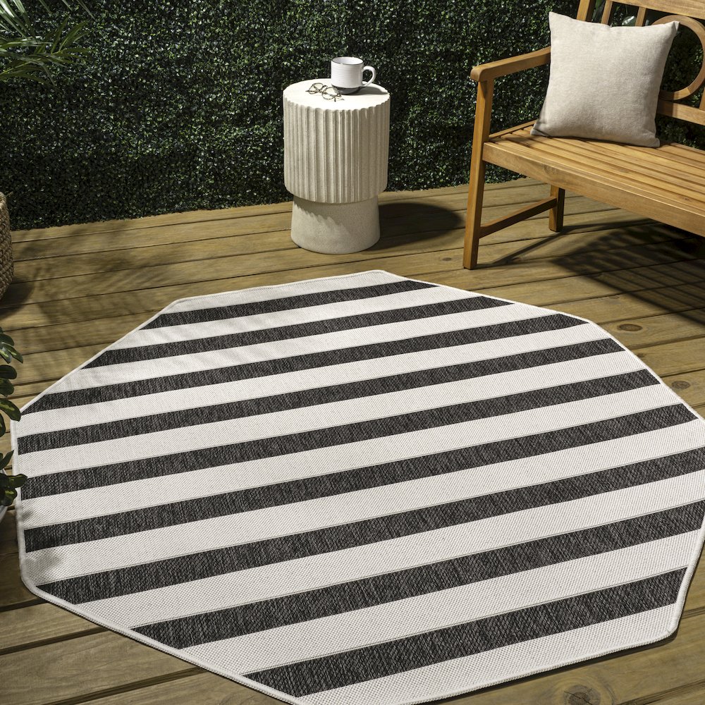 Aveiro Wide Stripe Black/Cream 5' Octagon Indoor/Outdoor Area Rug. Picture 3