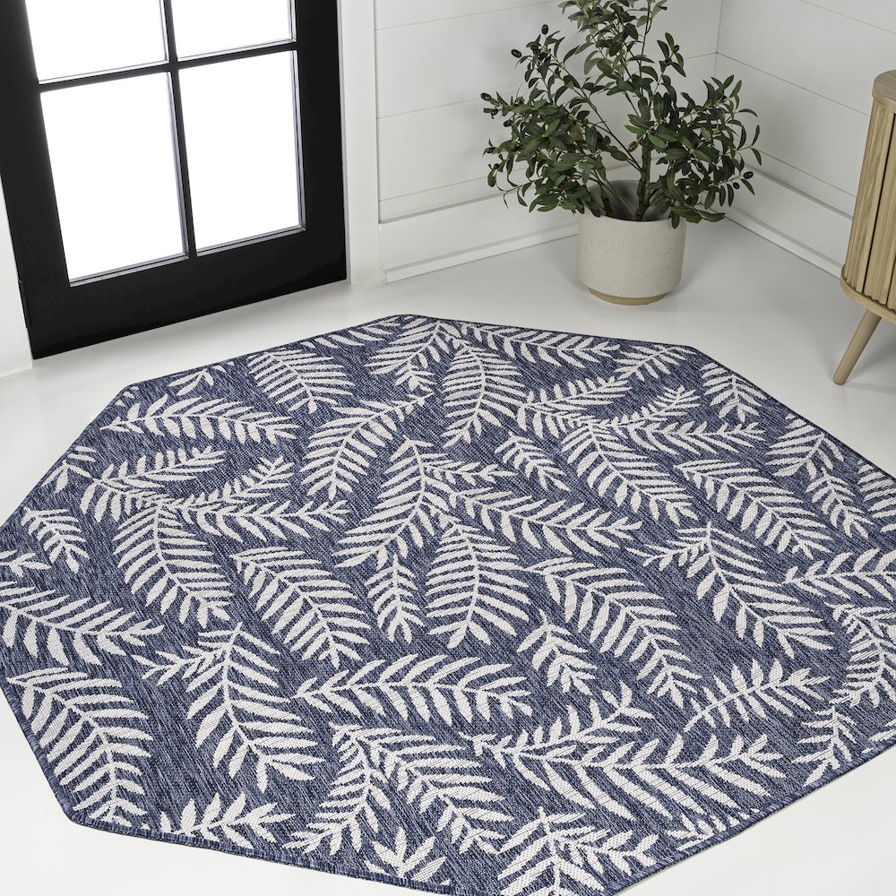 Nevis Palm Frond Navy/Ivory 5' Octagon Indoor/Outdoor Area Rug. Picture 2
