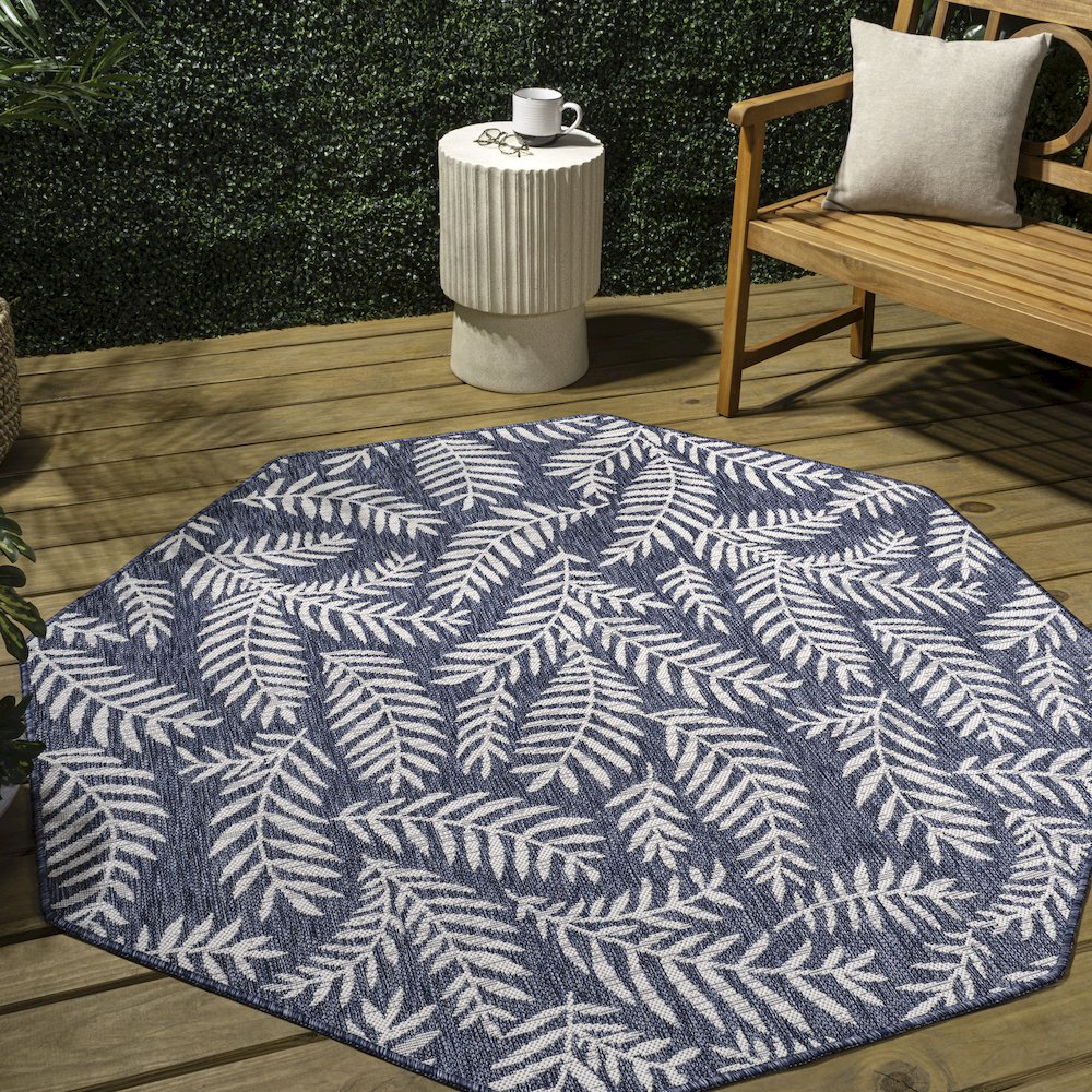 Nevis Palm Frond Navy/Ivory 5' Octagon Indoor/Outdoor Area Rug. Picture 3