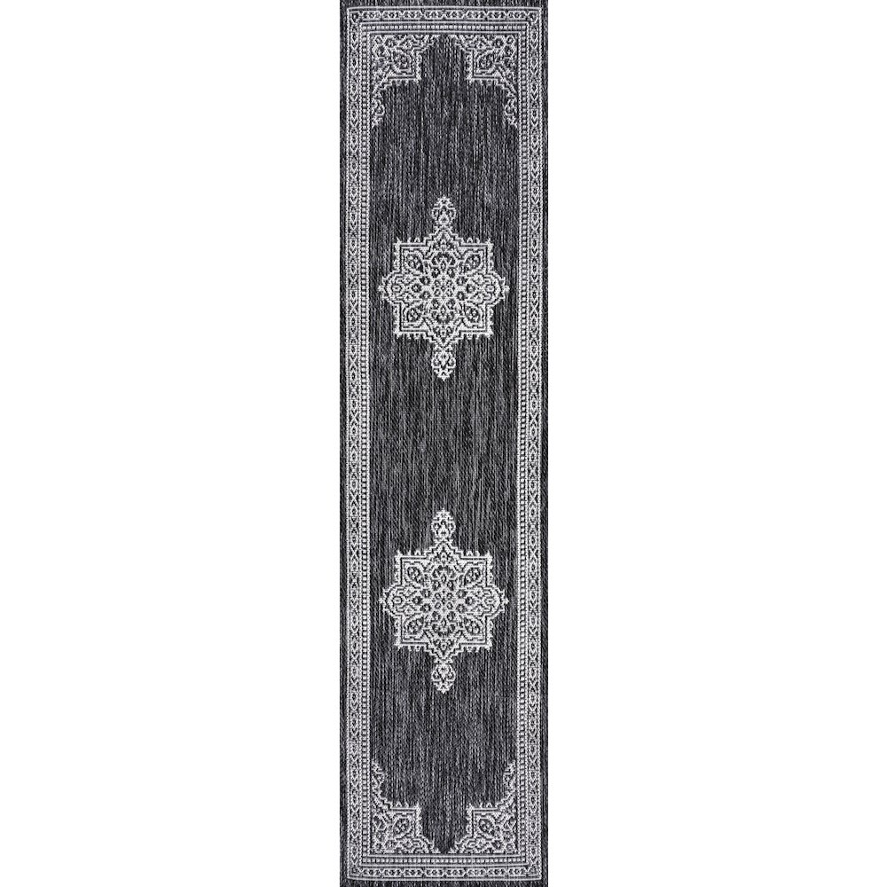 Vintage Casual Medallion Dark Gray/Cream 2 ft. x 8 ft. Indoor/Outdoor Runner Rug. Picture 1