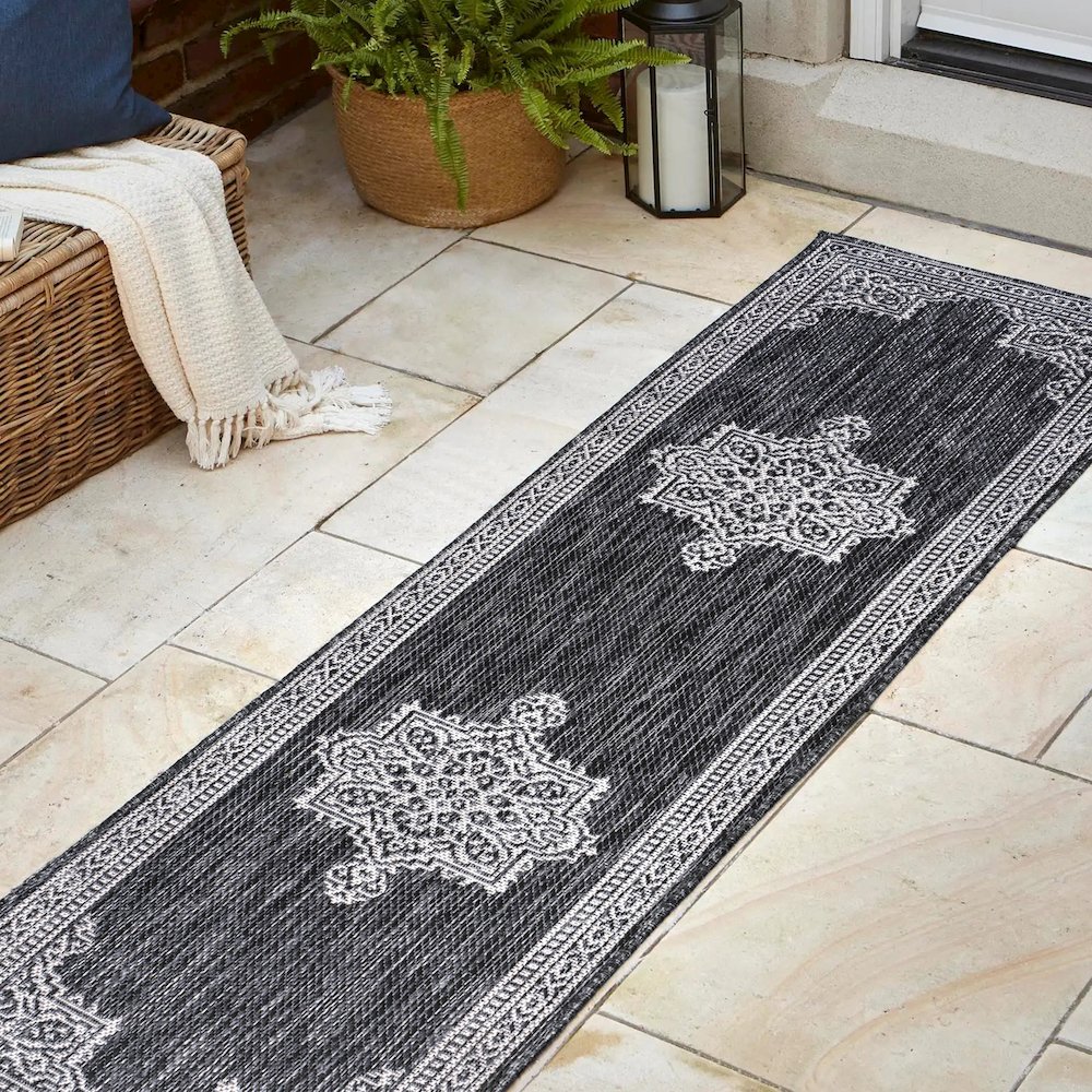 Vintage Casual Medallion Dark Gray/Cream 2 ft. x 8 ft. Indoor/Outdoor Runner Rug. Picture 4