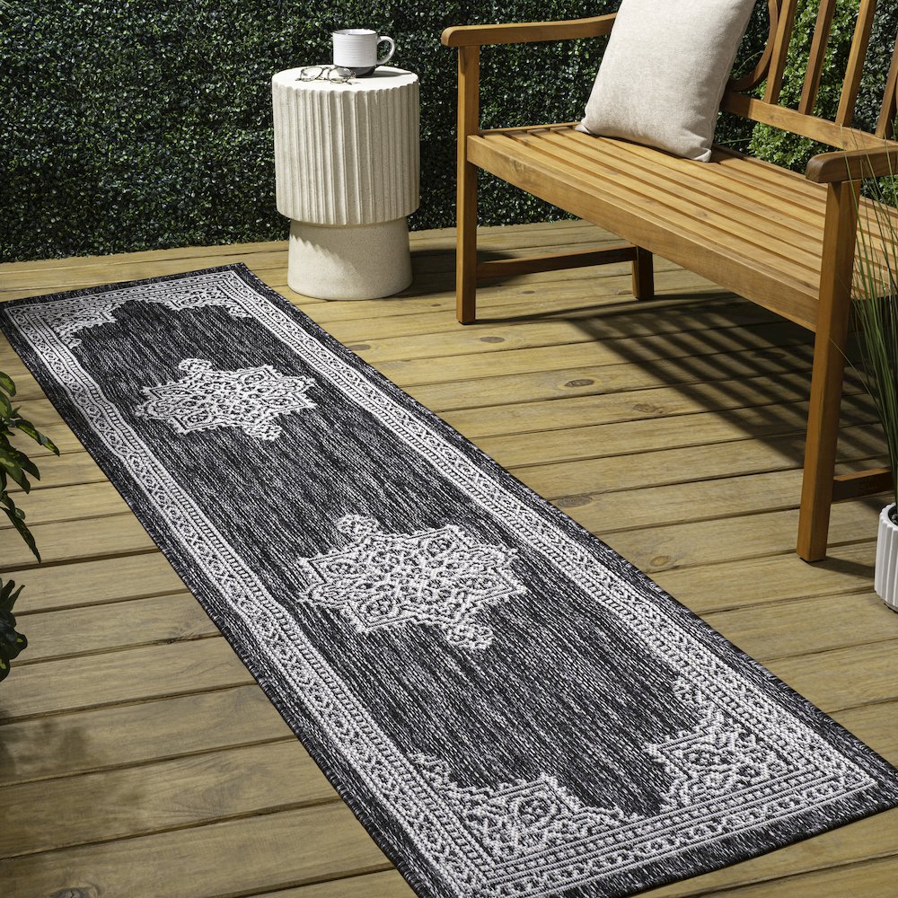 Vintage Casual Medallion Dark Gray/Cream 2 ft. x 8 ft. Indoor/Outdoor Runner Rug. Picture 3