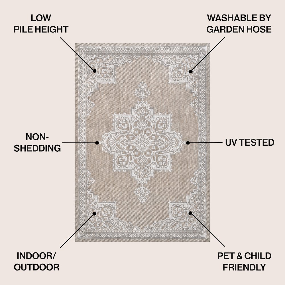 Arden Vintage Casual Medallion Beige/Cream 3 ft. x 5 ft. Indoor/Outdoor Area Rug. Picture 4