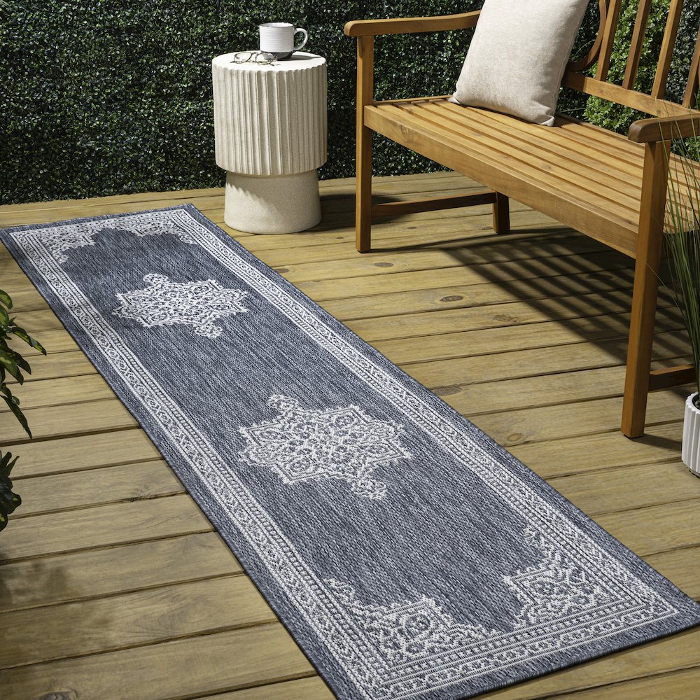 Vintage Casual Medallion Blue/Cream 2 ft. x 8 ft. Indoor/Outdoor Runner Rug. Picture 3