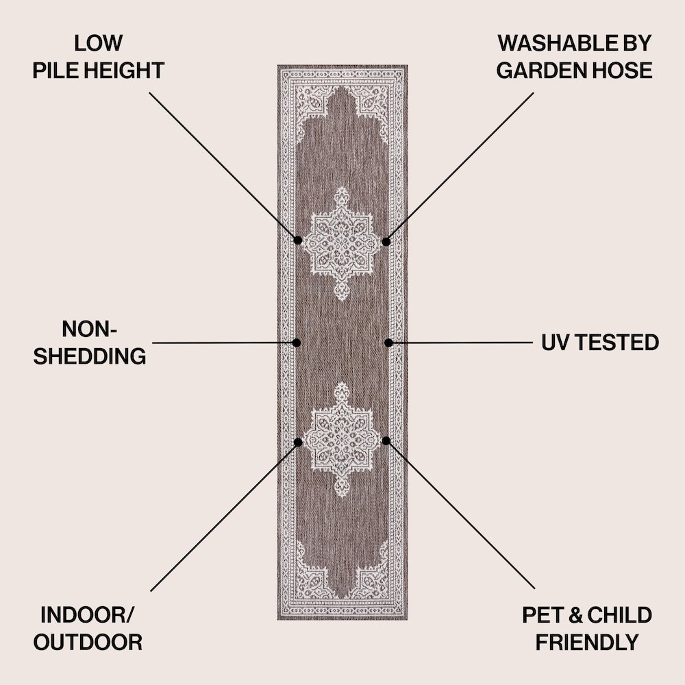 Casual Medallion Light Brown/Cream 2 ft. x 8 ft. Indoor/Outdoor Runner Rug. Picture 5
