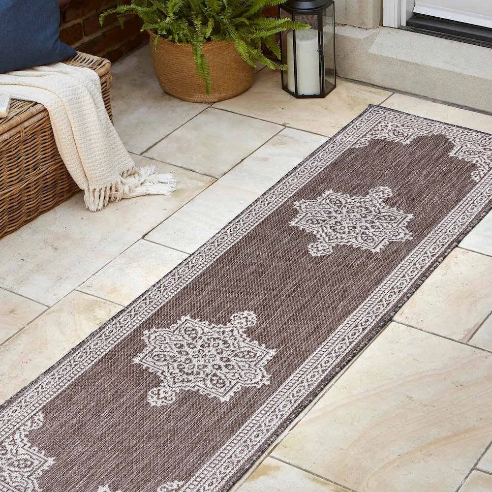 Casual Medallion Light Brown/Cream 2 ft. x 8 ft. Indoor/Outdoor Runner Rug. Picture 4