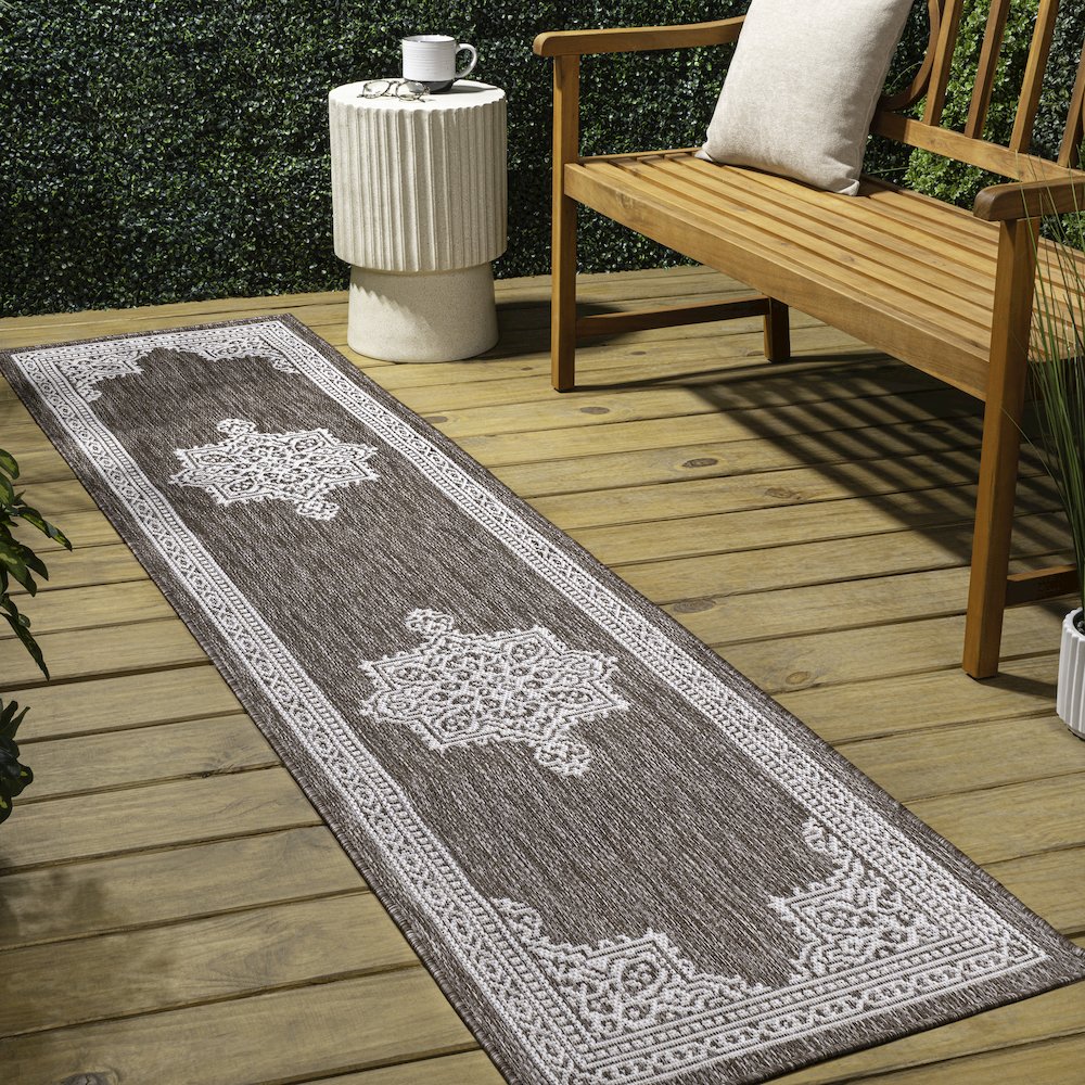Casual Medallion Light Brown/Cream 2 ft. x 8 ft. Indoor/Outdoor Runner Rug. Picture 3