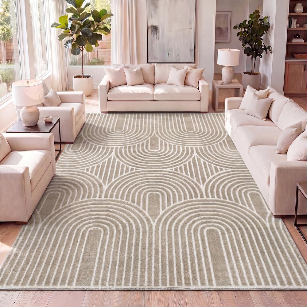 Ariana Midcentury Art Deco Striped Arches Two-Tone High-Low Area Rug. Picture 5