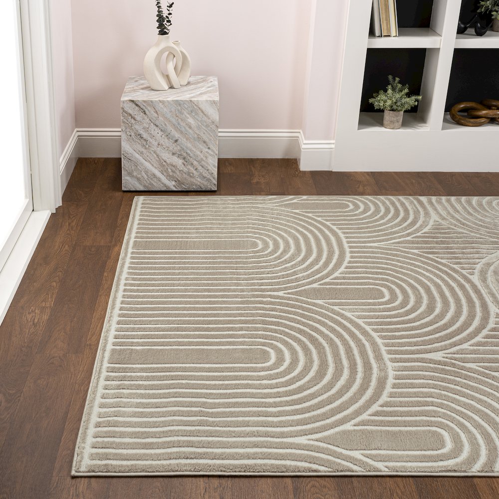 Ariana Midcentury Art Deco Striped Arches Two-Tone High-Low Area Rug. Picture 2