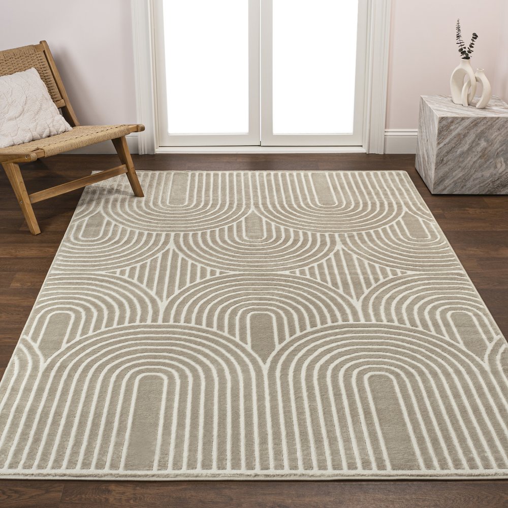 Ariana Midcentury Art Deco Striped Arches Two-Tone High-Low Area Rug. Picture 1