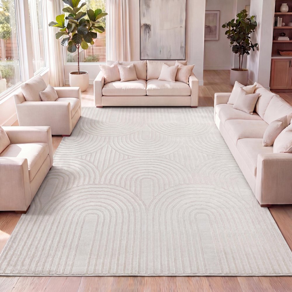 Ariana Midcentury Art Deco Striped Arches Two-Tone High-Low Area Rug. Picture 5