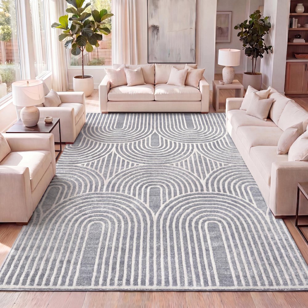 Ariana Midcentury Art Deco Striped Arches Two-Tone High-Low Area Rug. Picture 5