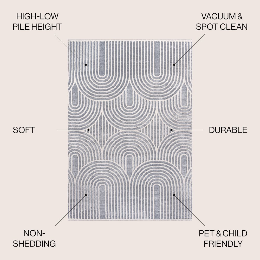 Ariana Midcentury Art Deco Striped Arches Two-Tone High-Low Area Rug. Picture 4