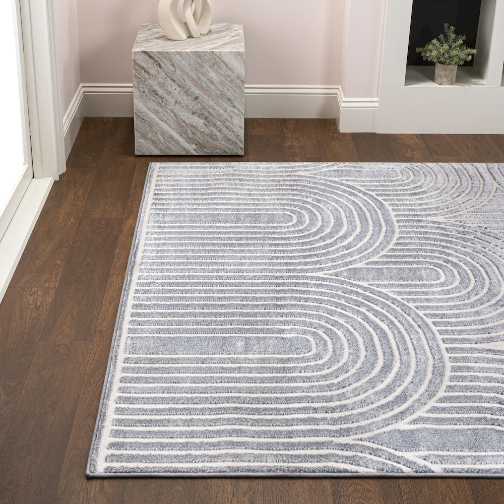 Ariana Midcentury Art Deco Striped Arches Two-Tone High-Low Area Rug. Picture 2