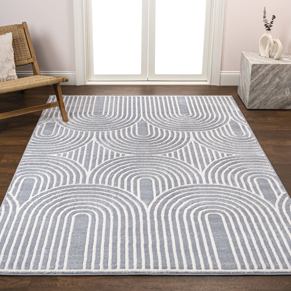 Ariana Midcentury Art Deco Striped Arches Two-Tone High-Low Area Rug. Picture 1