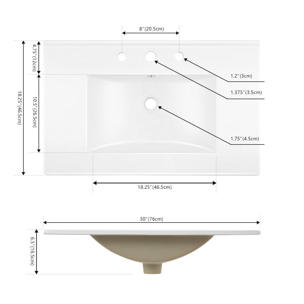 Ancillary 3-Hole 30 in. W x 18.25 in. D Rectangular Glossy Ceramic Single Sink. Picture 5