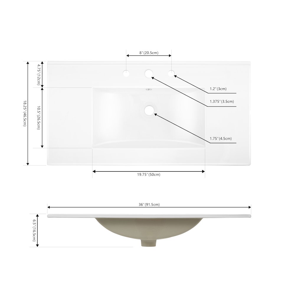 Ancillary 3-Hole 36 in. W x 18.25 in. D Rectangular Glossy Ceramic Single Sink. Picture 5