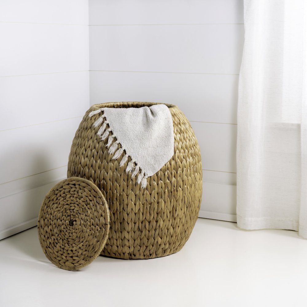 Colt Coastal Bohemian Handwoven Hyacinth Storage Stool With Lid. Picture 1
