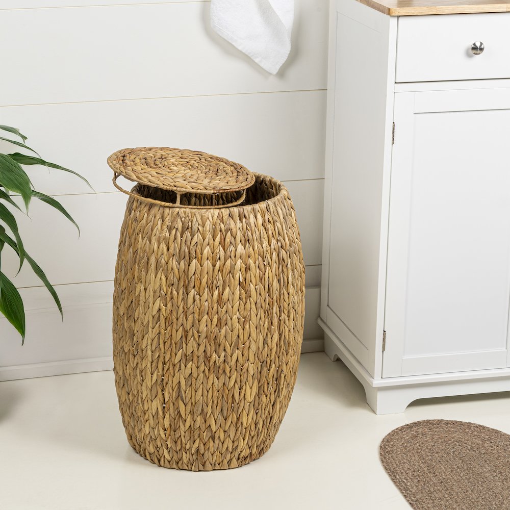 Colt Coastal Bohemian Handwoven Hyacinth Barrel Storage Stool with Lid. Picture 1