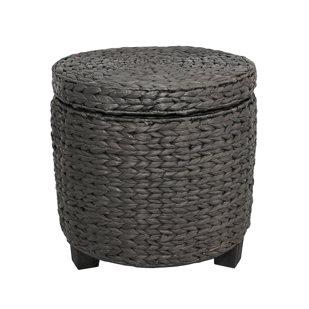 Handwoven Water Hyacinth Storage Ottoman with Lid, Black. Picture 1