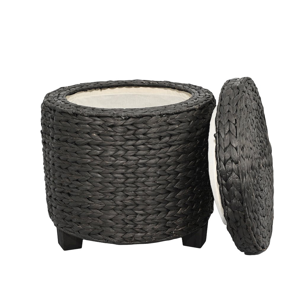 Handwoven Water Hyacinth Storage Ottoman with Lid, Black. Picture 5