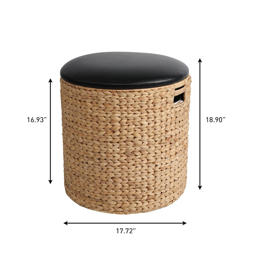 18" Modern Coastal Hand-Woven Hyacinth Storage Ottoman with Lid, Natural/Black. Picture 5