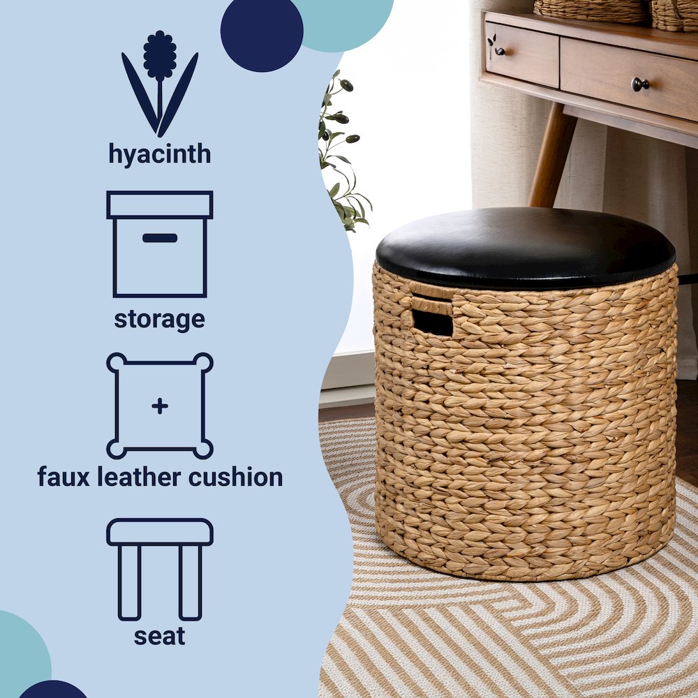 18" Modern Coastal Hand-Woven Hyacinth Storage Ottoman with Lid, Natural/Black. Picture 6